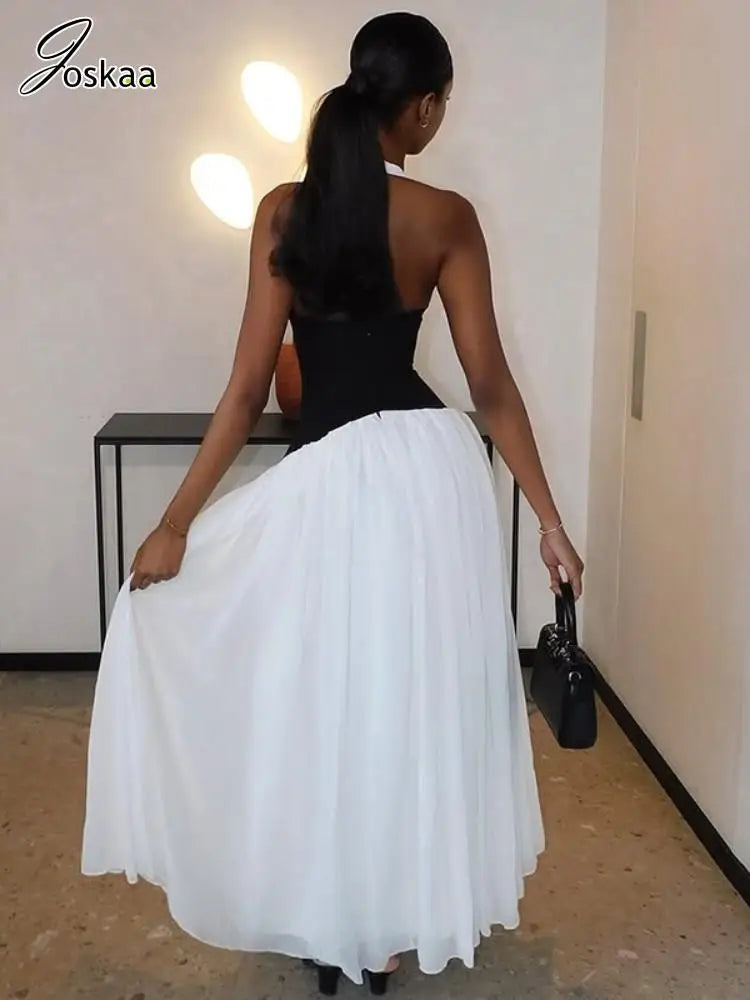 Women's Backless Halter Bodycon Maxi Dress Black And White – Side View