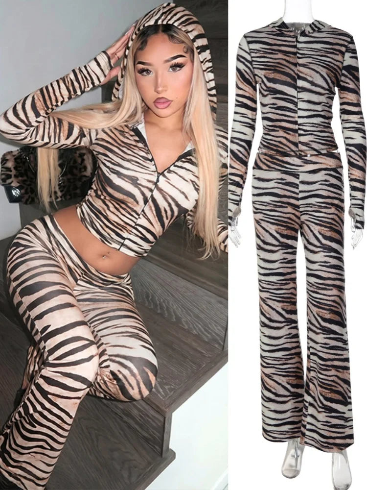 Women's Zebra Print Zip Up Long Sleeve High Waist Two Piece Set - Additional View 8