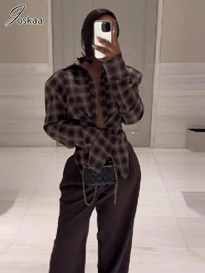 Women's Long Sleeve Plaid Asymmetric Shirt Top Slate Gray – Front View