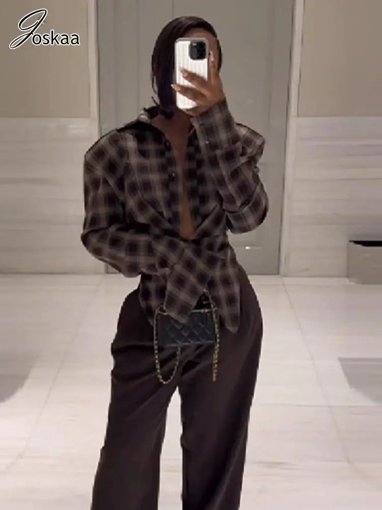 Women's Long Sleeve Plaid Asymmetric Shirt Top Slate Gray – Front View