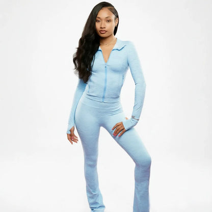 Women's Striped Zip Up Long Sleeve Wide Leg Two Piece Set - Additional View 11