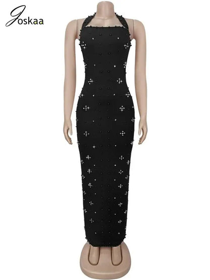 Women's Rhinestone Backless Halter Maxi Dress Red – Back View