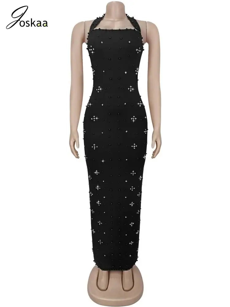Women's Rhinestone Backless Halter Maxi Dress Red – Back View