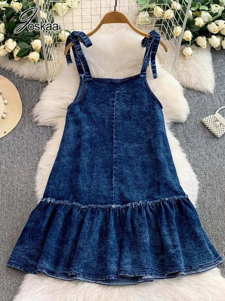 Women's Denim Print Sleeveless Mini Dress - Detail View