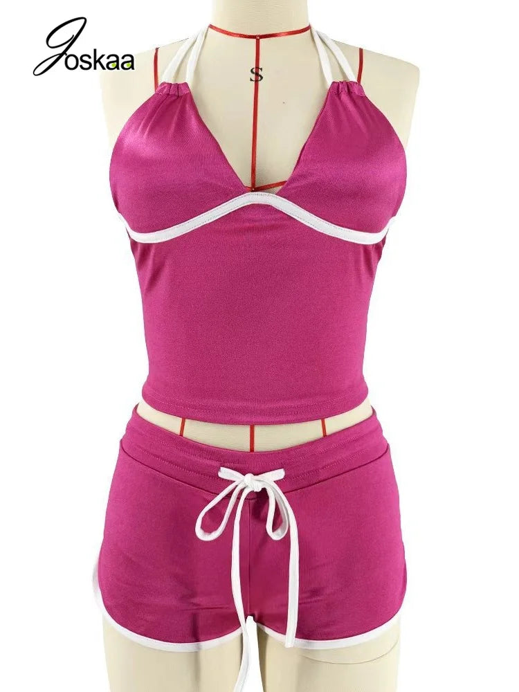 Women's Backless Halter Crop Two Piece Set Red – Detail View