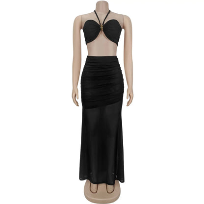 Women's Ruched Halter Crop Two Piece Set