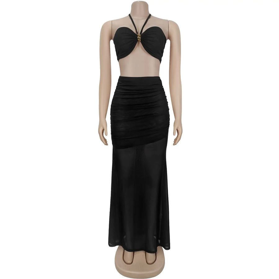Women's Ruched Halter Crop Two Piece Set