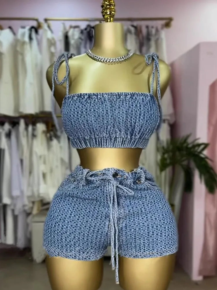 Women's Denim Crop Stretch Camisole and Two Piece Set Blue – Side View