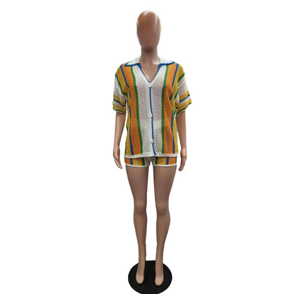 Women's Stripe Knit Short Sleeve Two Piece Set