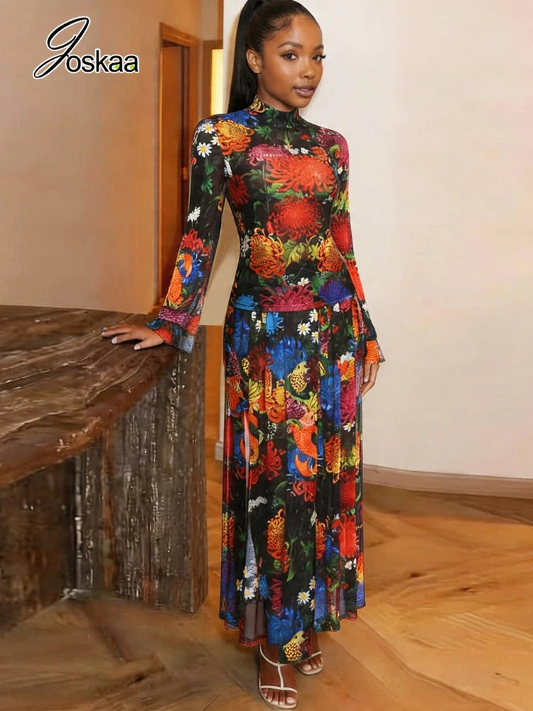 Women's Floral Print Mesh Long Sleeve Two Piece Set Colorful – Side View