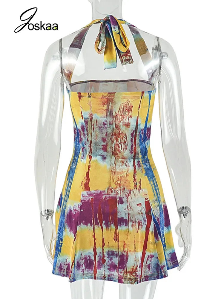 Women's Ruched Backless Halter Mini Dress Colorful – Detail View
