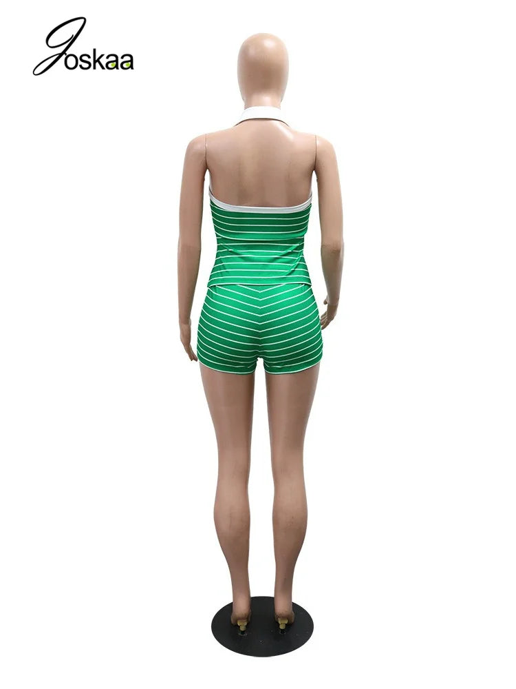 Women's Striped Halter Bodycon High Waist Two Piece Set - Detail View