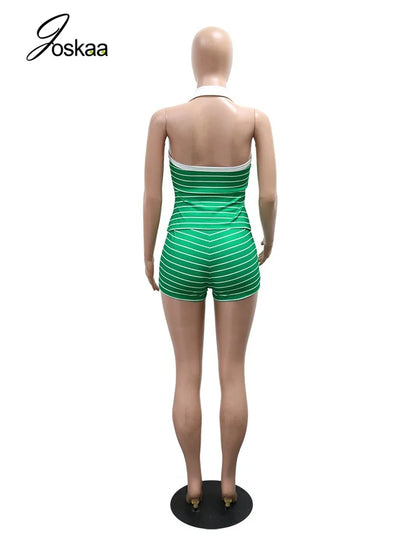 Women's Striped Halter Bodycon High Waist Two Piece Set - Detail View
