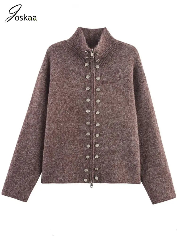 Wholesale Women's Knit Long Sleeve Ribbed Zip Top Brown – Front View
