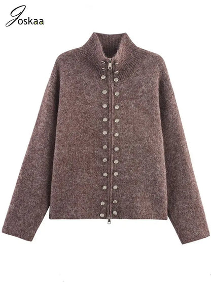 Wholesale Women's Knit Long Sleeve Ribbed Zip Top Brown – Front View