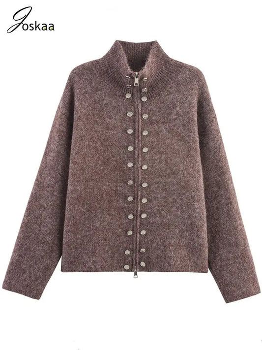 Wholesale Women's Knit Long Sleeve Ribbed Zip Top Brown – Front View
