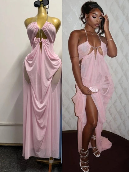 Women's Mesh Ruched Backless Halter Dress