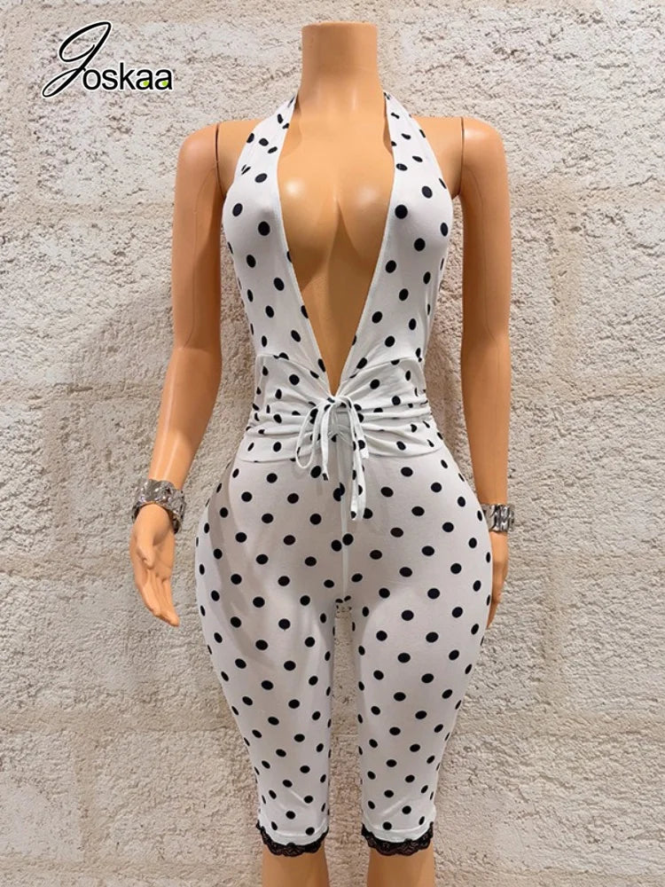Women's Polka Dot Lace Backless V-neck Romper - Back View