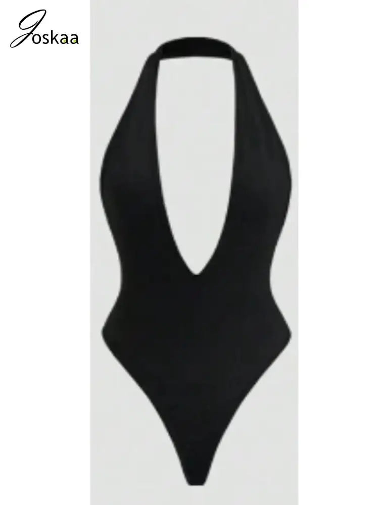 Wholesale Women's Backless Halter Bodycon Romper Black – Detail View