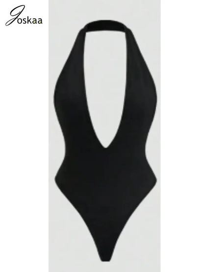 Wholesale Women's Backless Halter Bodycon Romper Black – Detail View
