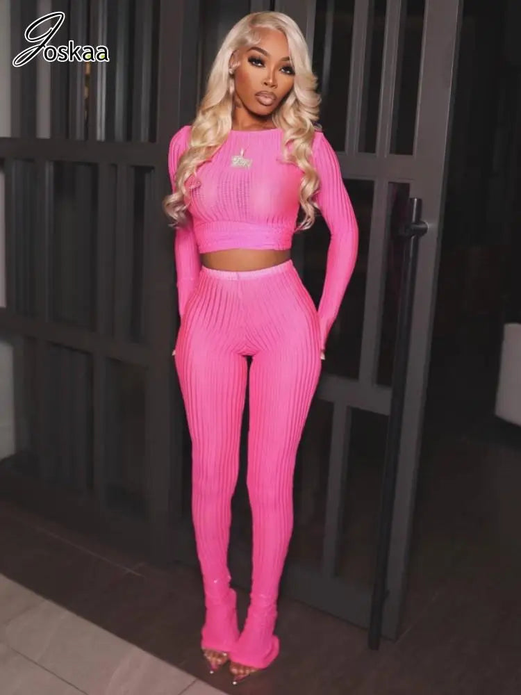 Women's Mesh Long Sleeve High Waist Two Piece Set Rose Red – Side View