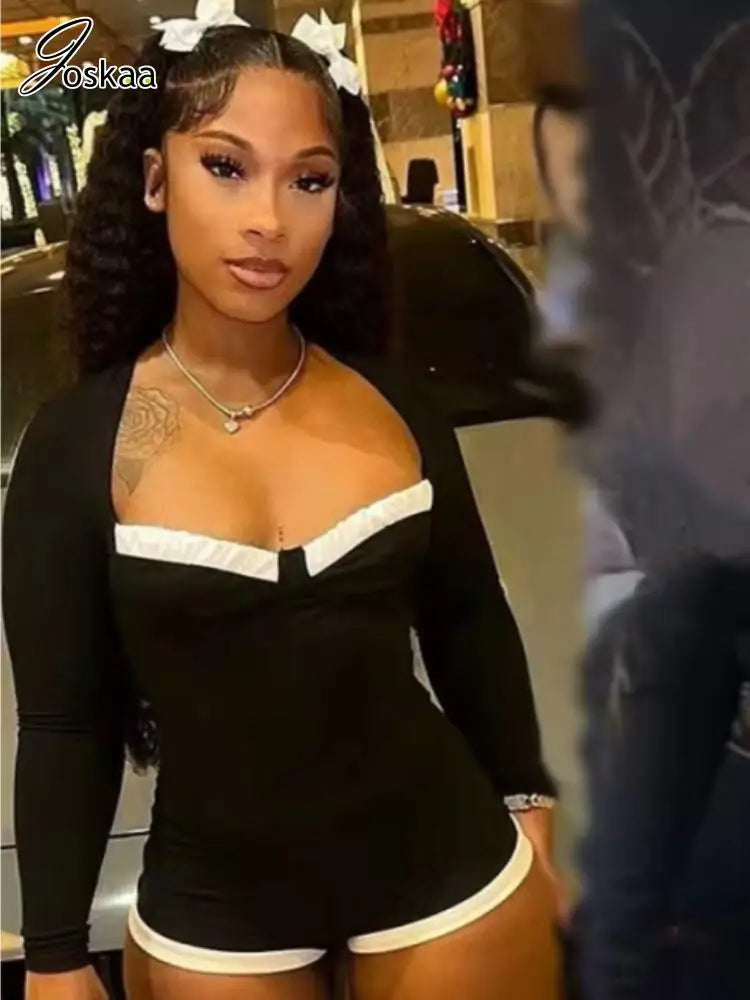 Women's Long Sleeve Bodycon Black and White Romper – Women's Fashion Wholesale – Front View