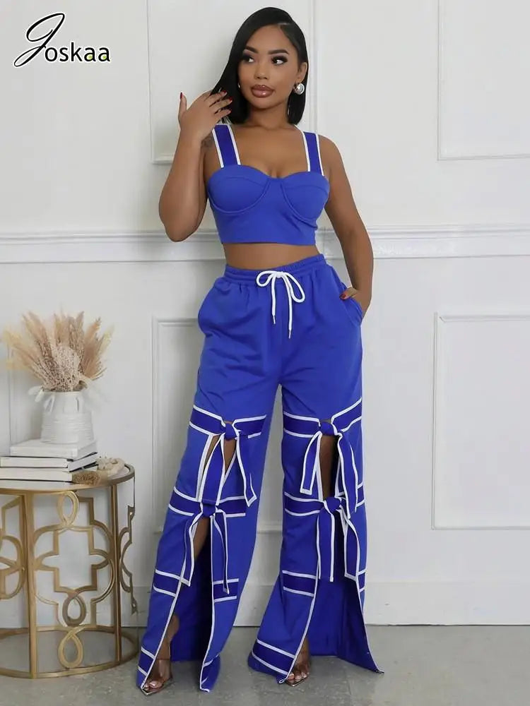 Women's Crop Flare Wide Leg Patchwork Two Piece Set – Women's Fashion Wholesale – Front View