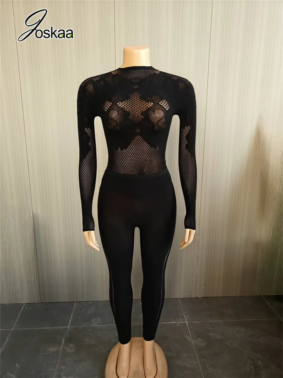Women's Mesh Long Sleeve Crop Two Piece Set Black – Detail View