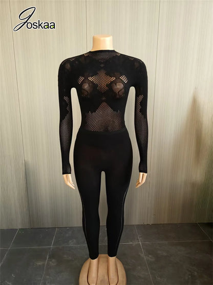 Women's Mesh Long Sleeve Crop Two Piece Set Black – Detail View