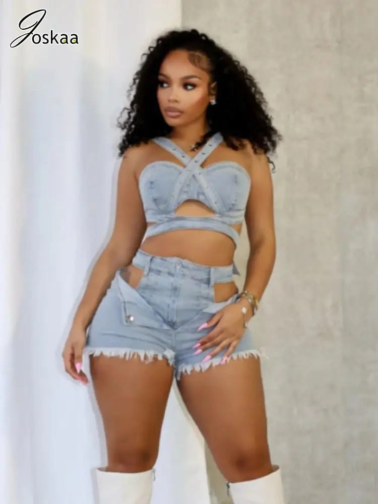 Women's Denim Cutout Stretch Irregular Tank Two Piece Set – Women's Fashion Wholesale – Front View