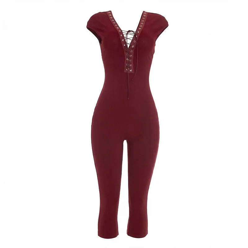Women's Lace Ribbed Knit Backless V-neck Romper - Additional View 7