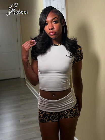 Women's Leopard Print Ruched Short Sleeve Two Piece Set White – Front View