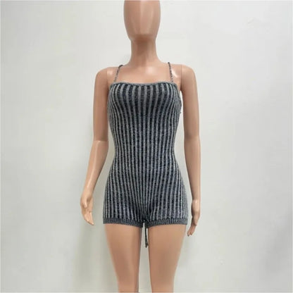 Women's Stripe Knit Backless Bodycon Romper