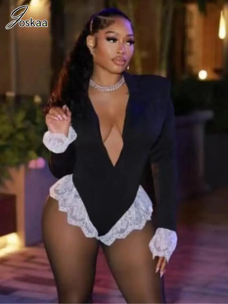 Women's Lace Long Sleeve Patchwork Black Blazer Romper Black – Front View