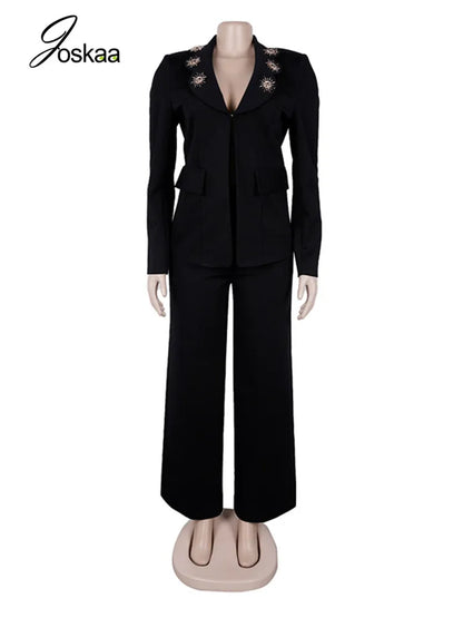 Women's Long Sleeve Elegant Deep V-neck Two Piece Set Black – Back View