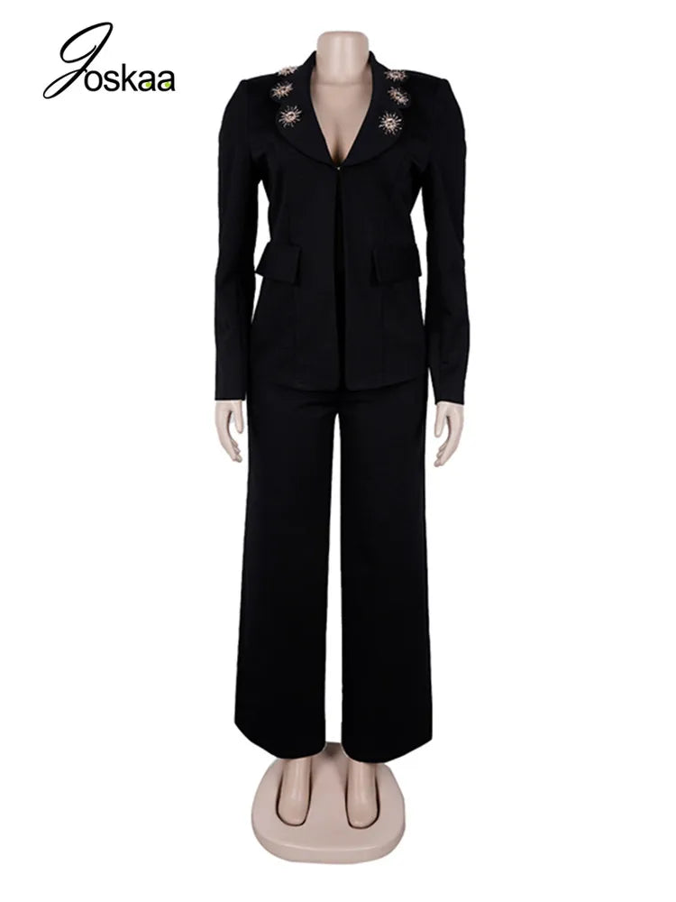 Women's Long Sleeve Elegant Deep V-neck Two Piece Set Black – Back View