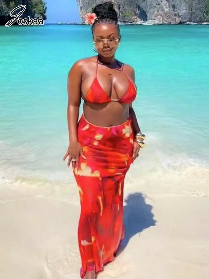 Women's Halter Maxi Two Piece Aesthetic Bikini Set Flower Color 3Pcs – Front View