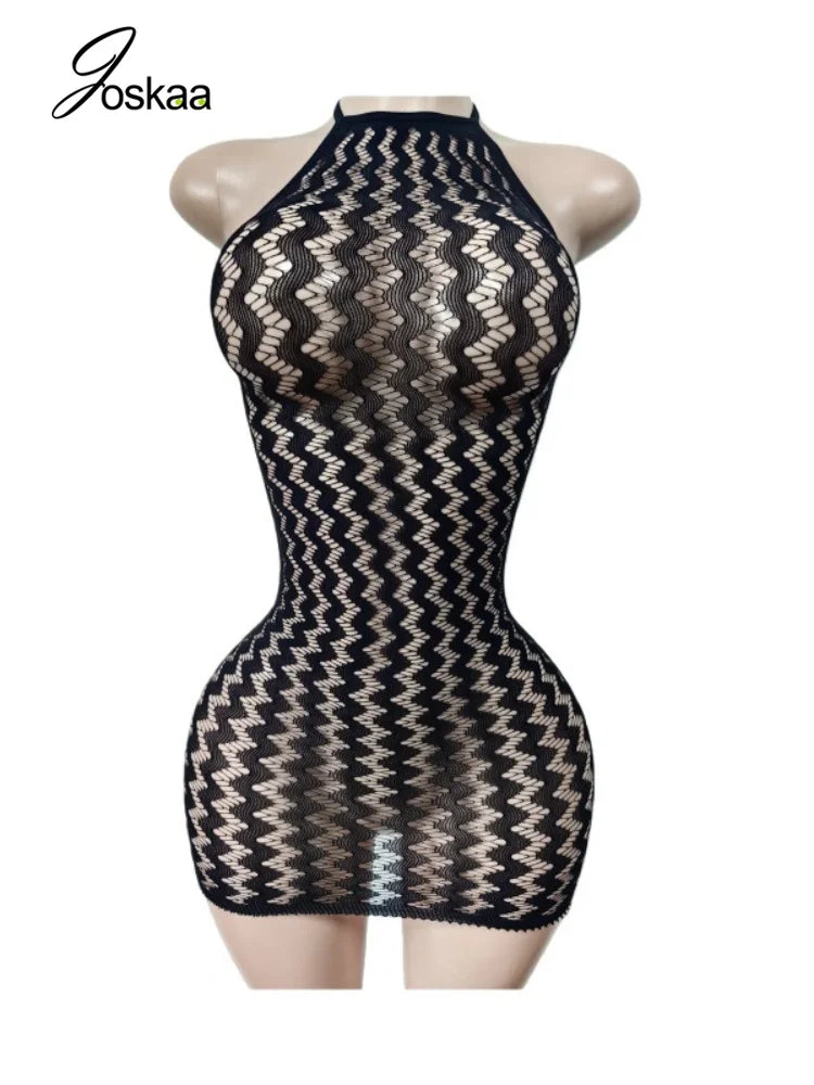 Women's Lace Mesh Backless Halter Mini Dress Bright Pink – Detail View