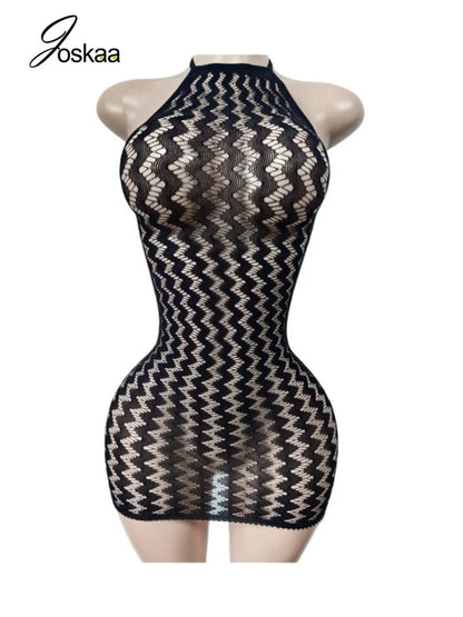 Women's Lace Mesh Backless Halter Mini Dress Bright Pink – Detail View