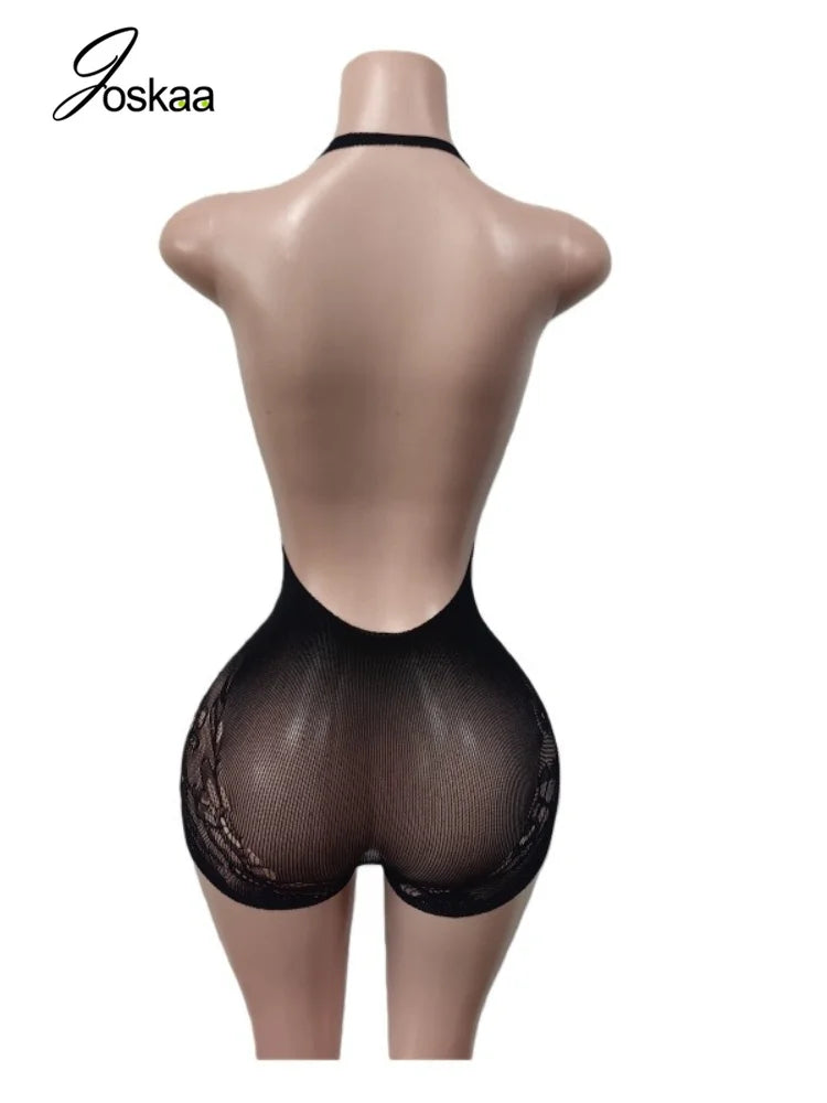 Women's Lace Backless V-neck Halter Romper - Model Wearing Style
