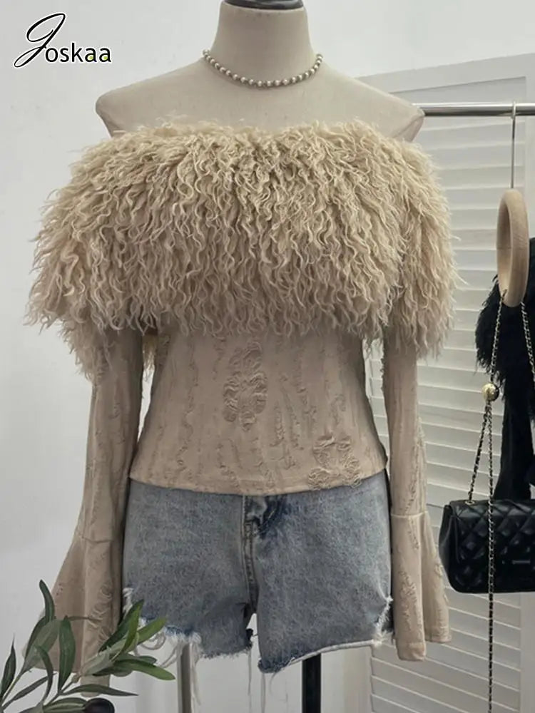 Wholesale Women's Long Sleeve Fall Faux Fur Top Black – Front View