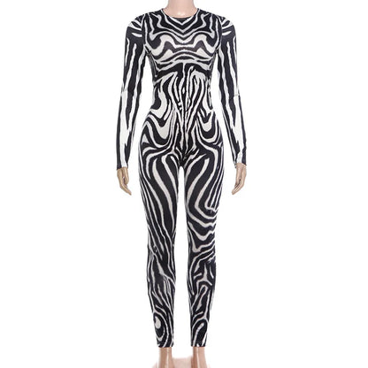 Women's Zebra Print Zip Up Long Sleeve Bodycon Romper - Additional View 9