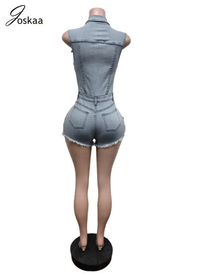 Wholesale Women's Denim Sleeveless Bodycon Romper Light Blue – Detail View