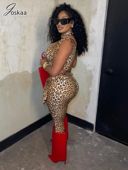 Women's Leopard Print Crop Two Piece Set Light Brown – Side View
