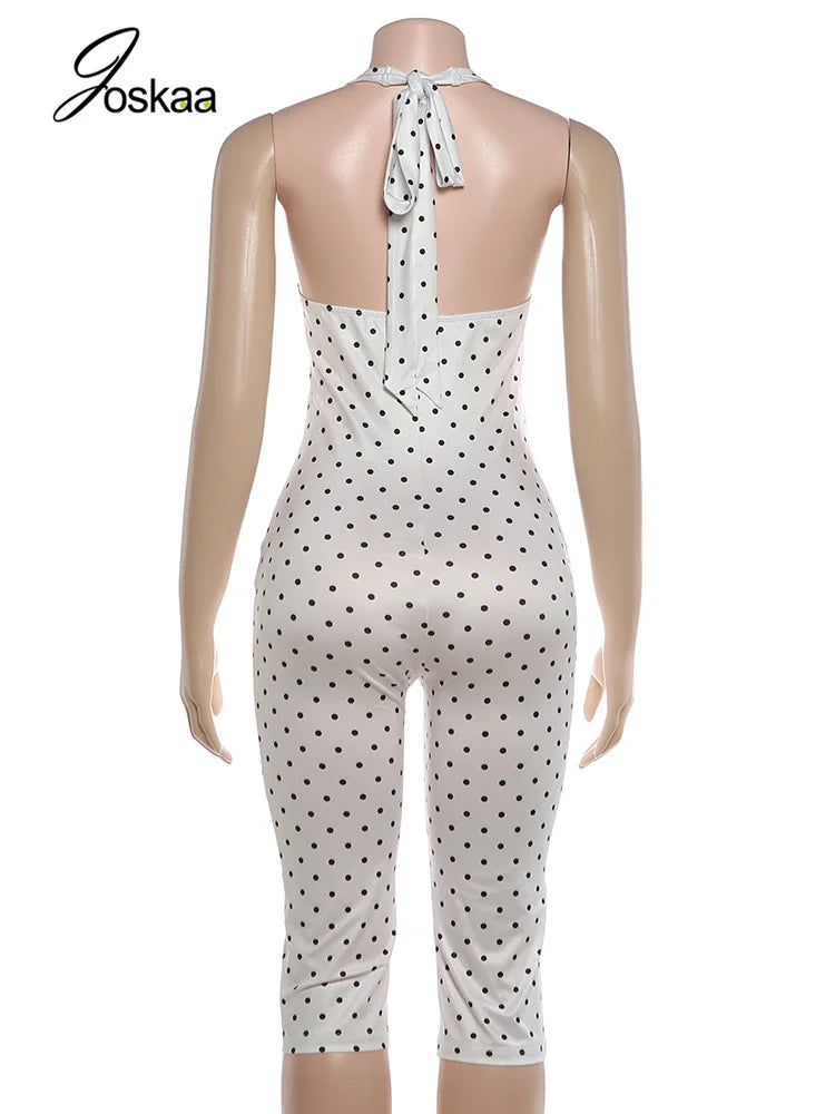 Women's Polka Dot Backless Halter Romper White – Detail View
