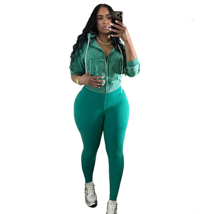 Women's Long Sleeve Zip Hooded Two Piece Set