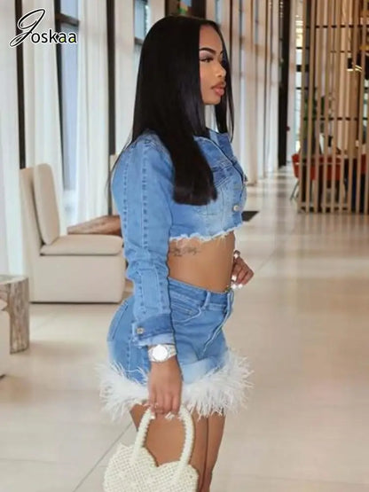 Women's Denim Long Sleeve Crop Two Piece Set Sky Blue – Back View