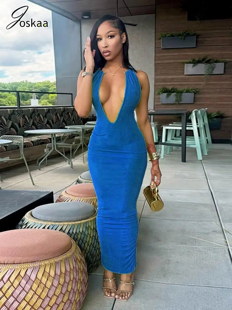 Women's Backless Halter Bodycon Maxi Dress Blue – Front View