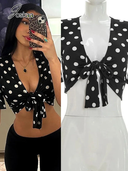 Women's Polka Dot Short Sleeve Black T-shirts Top – Women's Fashion Wholesale – Front View