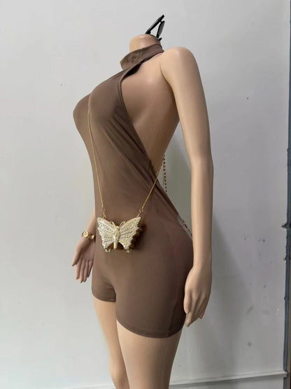 Women's Sequin Butterfly Backless Halter Romper - Model Wearing Style